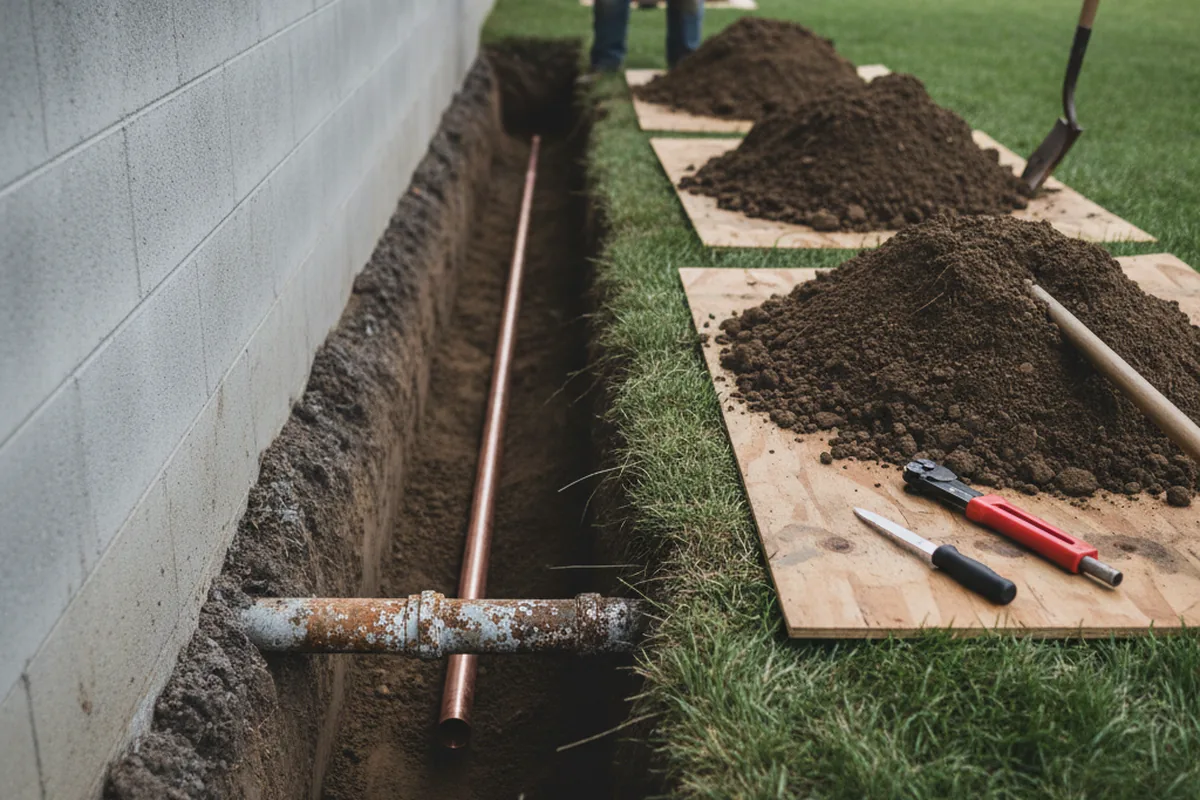 Excavated water line trench during Sewer Line Repair in Beloit